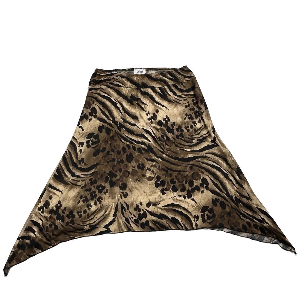 Janana's Midi Skirt Animal Print Large Asymmetric Hem Brown Black 90s Y2K Flowy